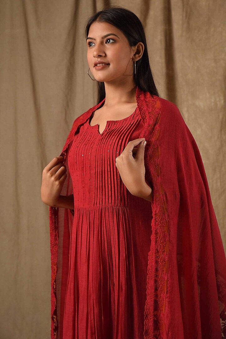 Red Fine Chanderi Silk Embroidered Kurta Set by Gulabik Jaipur at Pernia's Pop Up Shop