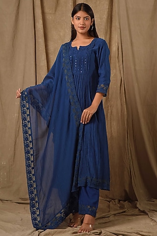 Navy Fine Chanderi Silk Embroidered Kurta Set by Gulabik Jaipur