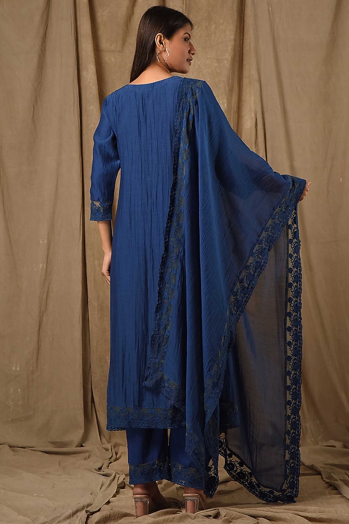 Navy Fine Chanderi Silk Embroidered Kurta Set by Gulabik Jaipur at Pernia's Pop Up Shop