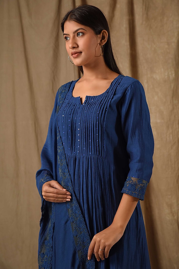 Navy Fine Chanderi Silk Embroidered Kurta Set by Gulabik Jaipur at Pernia's Pop Up Shop