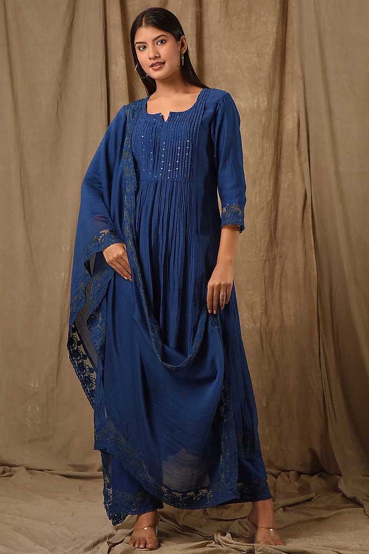 Navy Fine Chanderi Silk Embroidered Kurta Set by Gulabik Jaipur at Pernia's Pop Up Shop