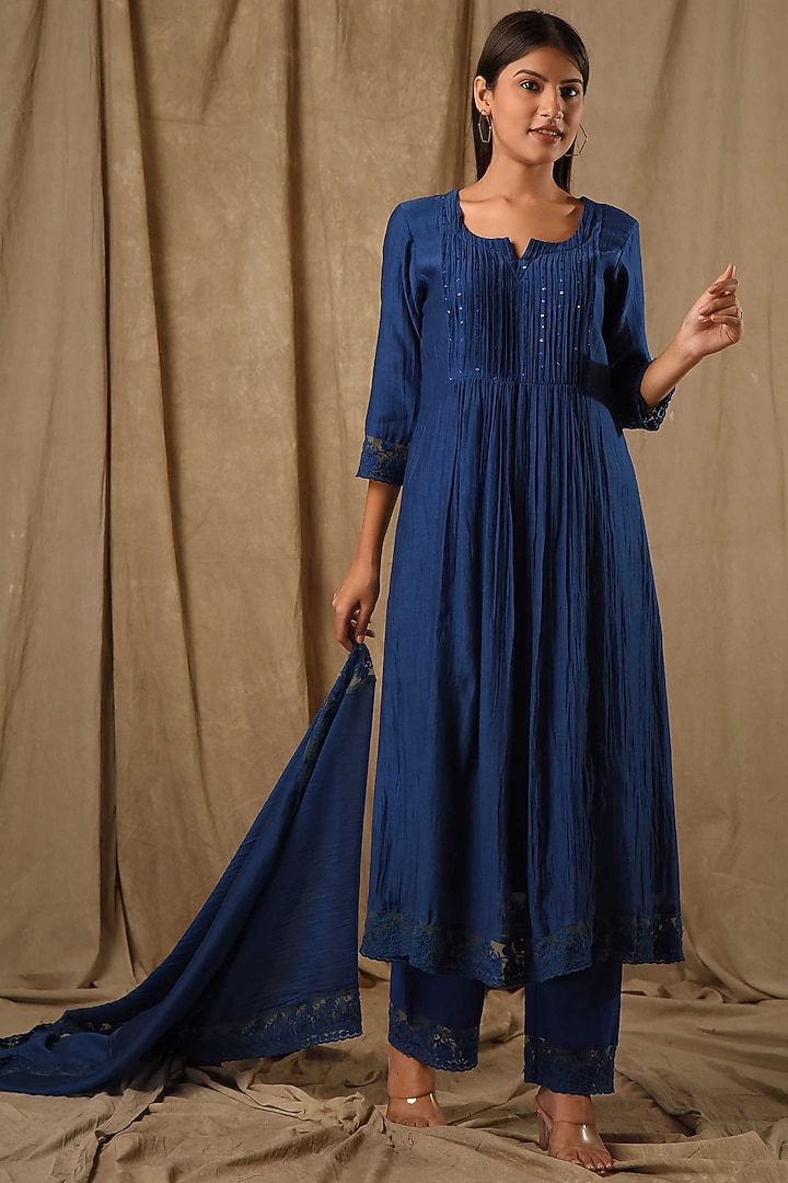 Navy Fine Chanderi Silk Embroidered Kurta Set by Gulabik Jaipur at Pernia's Pop Up Shop