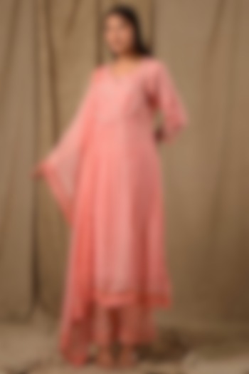 Peach Fine Chanderi Silk Embroidered Kurta Set by Gulabik Jaipur at Pernia's Pop Up Shop