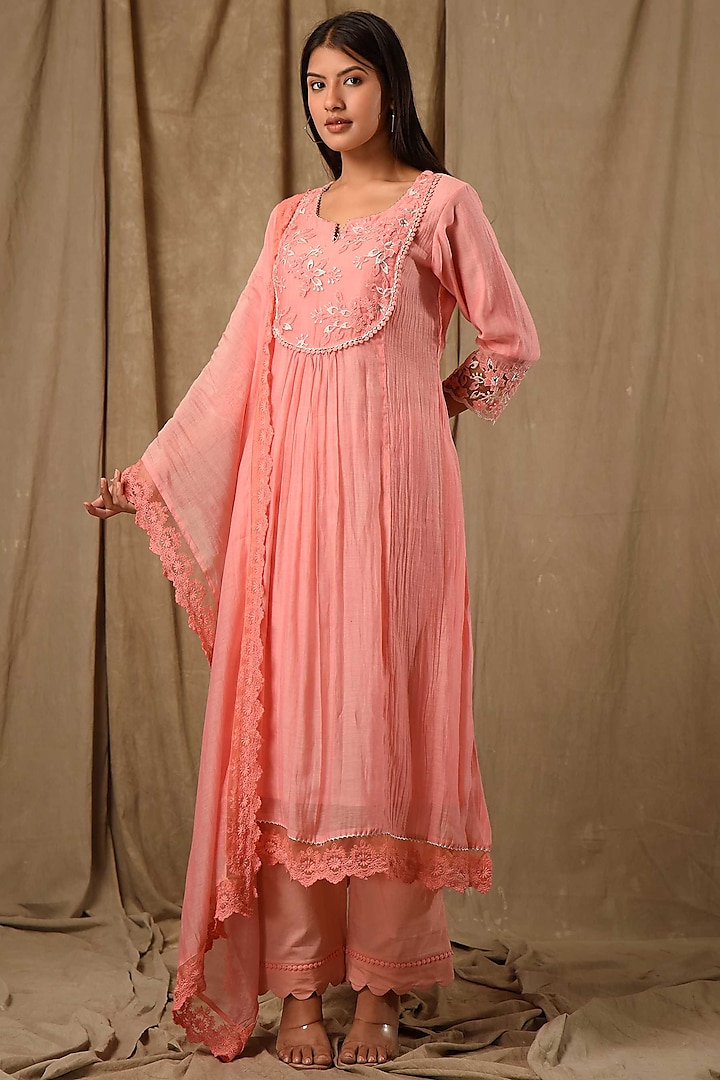 Peach Fine Chanderi Silk Embroidered Kurta Set by Gulabik Jaipur at Pernia's Pop Up Shop