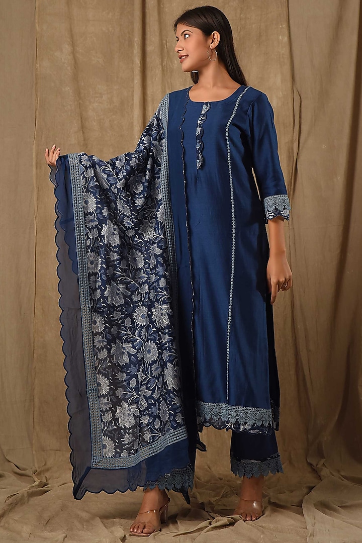 Navy Blue Fine Chanderi Silk Embroidered Kurta Set by Gulabik Jaipur at Pernia's Pop Up Shop