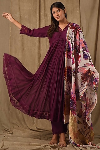 Deep Purple Fine Chanderi Silk Anarkali Set by Gulabik Jaipur
