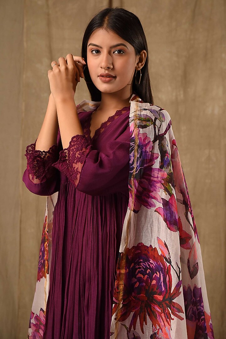 Deep Purple Fine Chanderi Silk Anarkali Set by Gulabik Jaipur at Pernia's Pop Up Shop