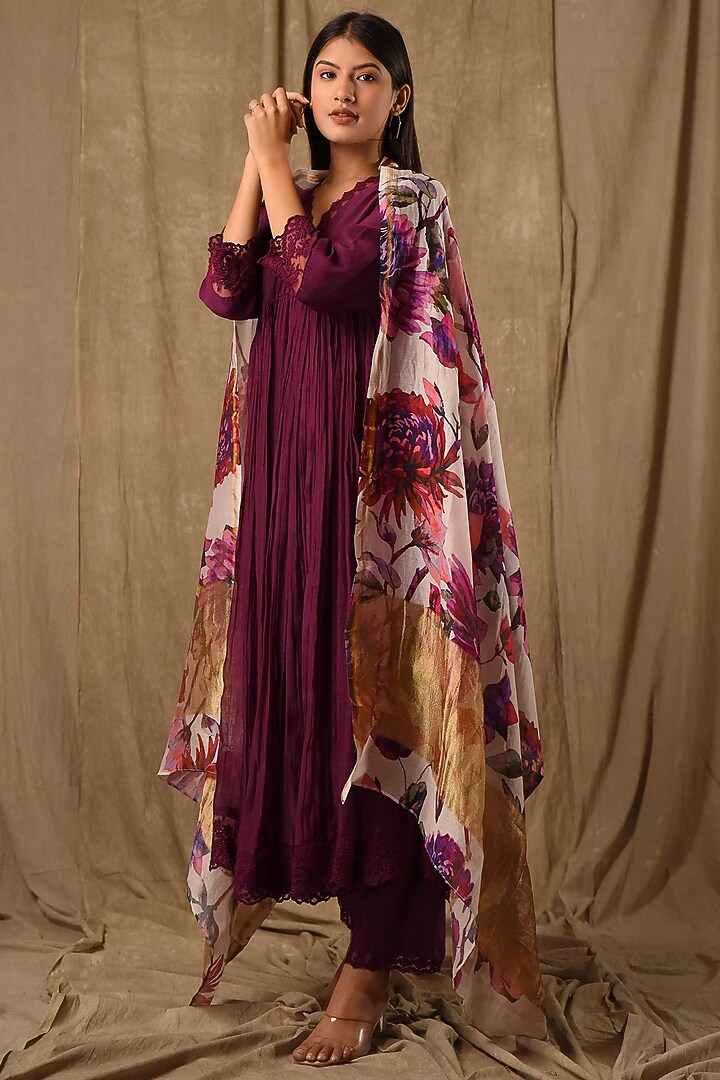Deep Purple Fine Chanderi Silk Anarkali Set by Gulabik Jaipur at Pernia's Pop Up Shop