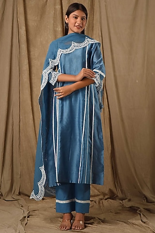 Blue Fine Chanderi Silk A-Line Embroidered Kurta Set by Gulabik Jaipur