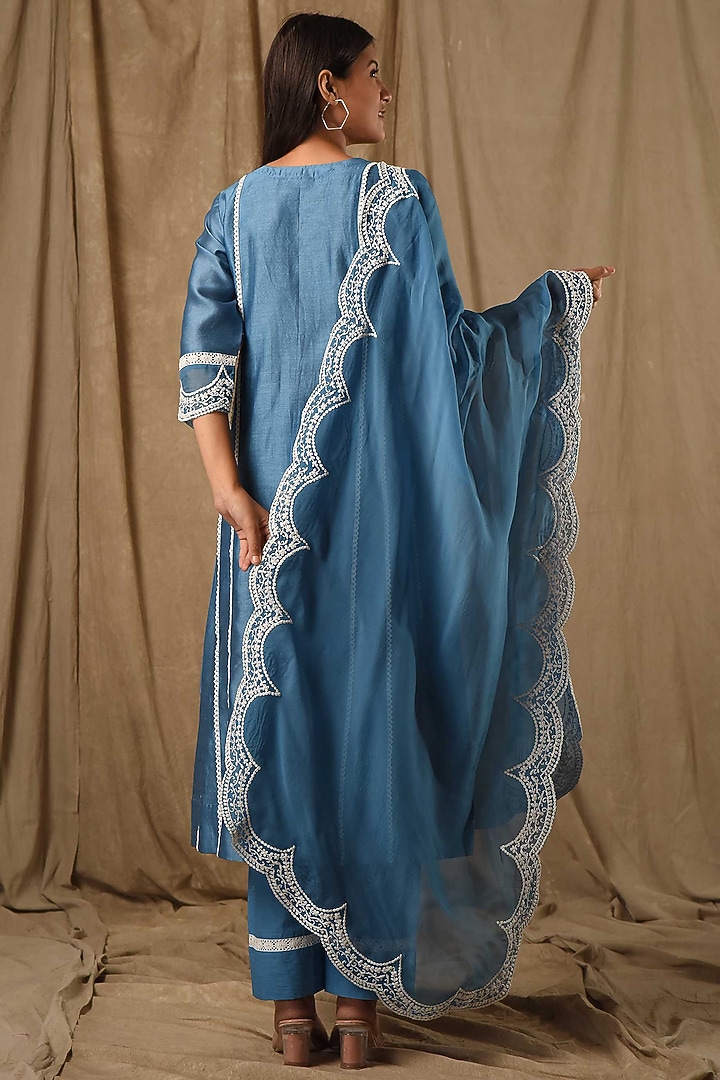 Blue Fine Chanderi Silk A-Line Embroidered Kurta Set by Gulabik Jaipur at Pernia's Pop Up Shop