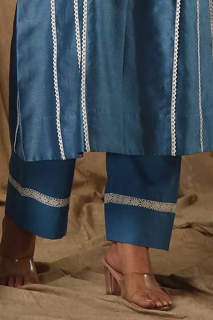 Blue Fine Chanderi Silk A-Line Embroidered Kurta Set by Gulabik Jaipur at Pernia's Pop Up Shop