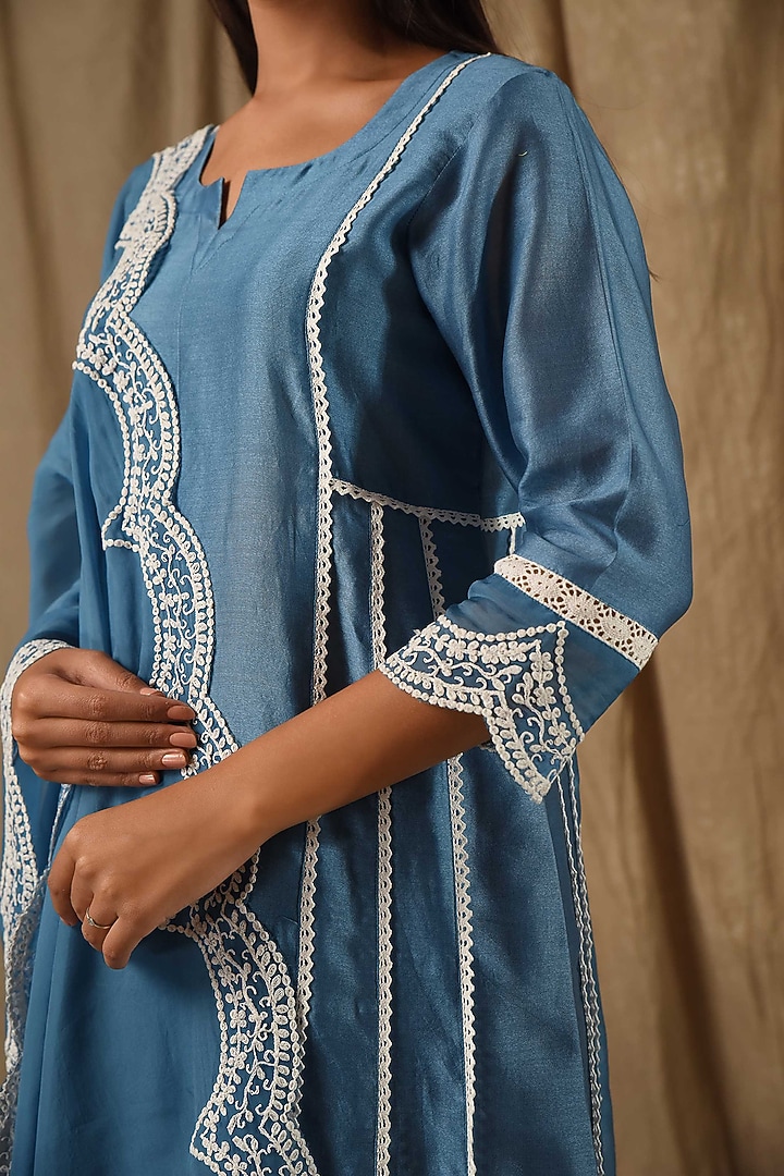 Blue Fine Chanderi Silk A-Line Embroidered Kurta Set by Gulabik Jaipur at Pernia's Pop Up Shop