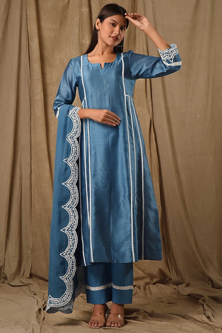 Blue Fine Chanderi Silk A-Line Embroidered Kurta Set by Gulabik Jaipur at Pernia's Pop Up Shop