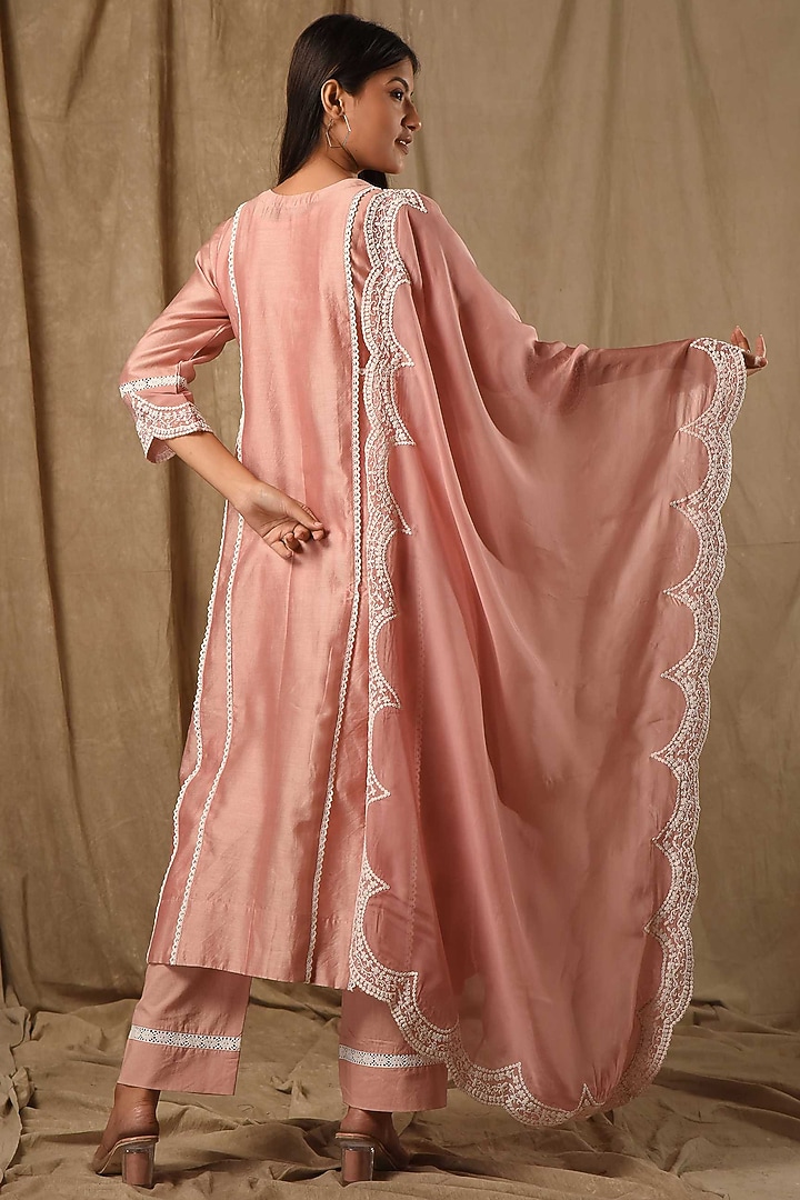 Peach Fine Chanderi Silk A-Line Embroidered Kurta Set by Gulabik Jaipur at Pernia's Pop Up Shop