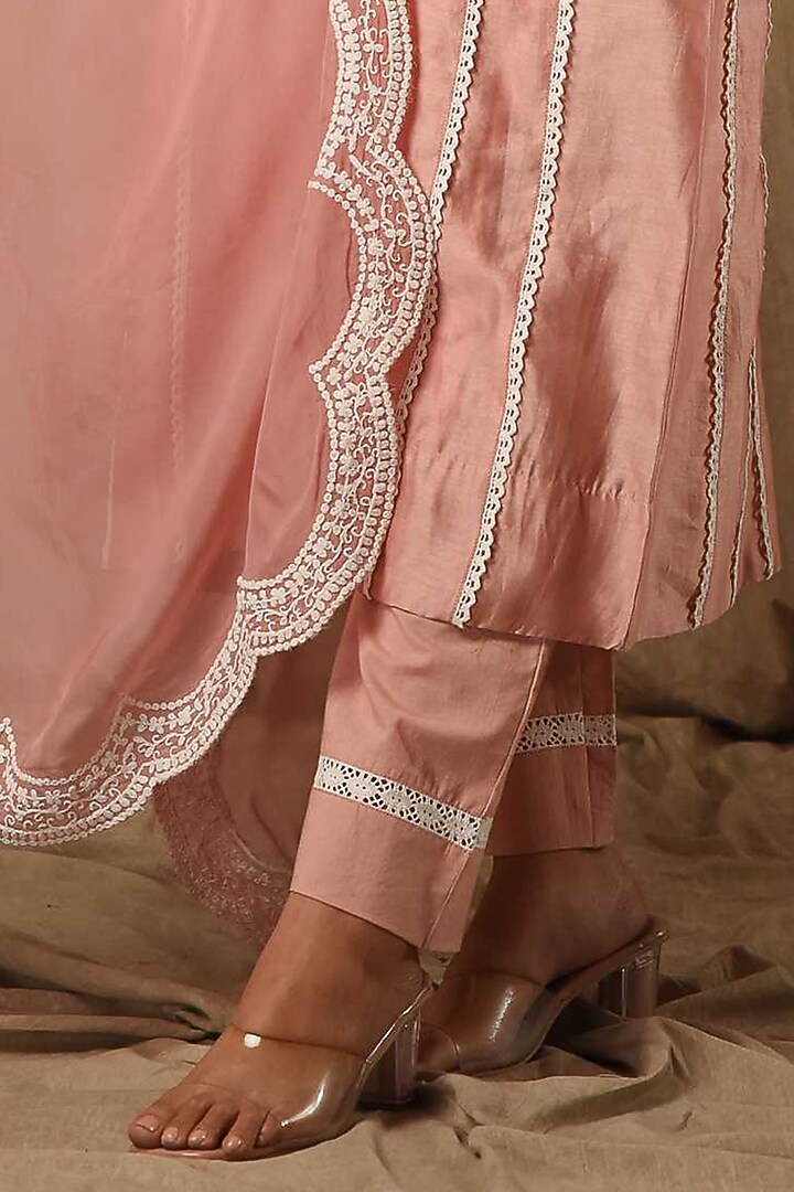 Peach Fine Chanderi Silk A-Line Embroidered Kurta Set by Gulabik Jaipur at Pernia's Pop Up Shop