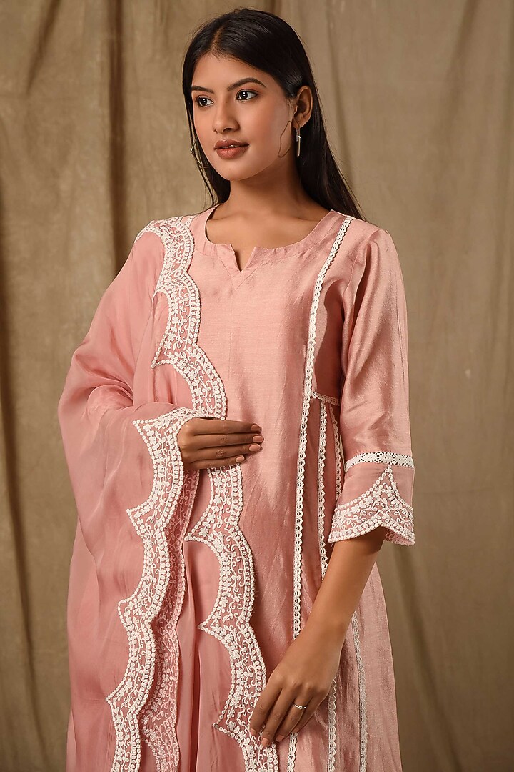 Peach Fine Chanderi Silk A-Line Embroidered Kurta Set by Gulabik Jaipur at Pernia's Pop Up Shop