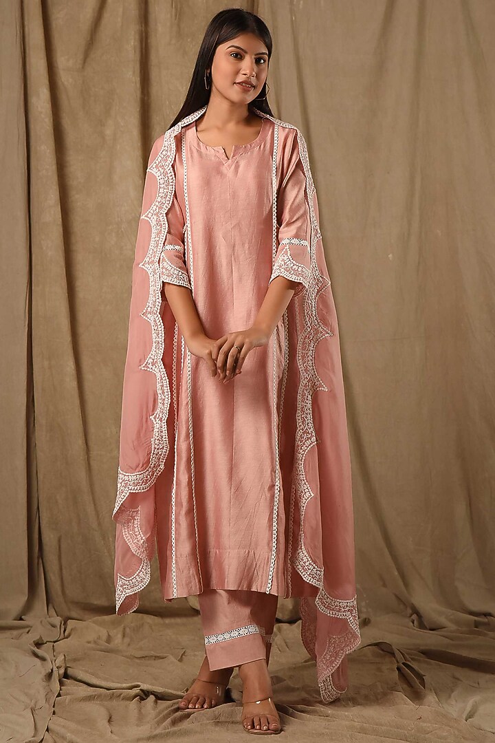 Peach Fine Chanderi Silk A-Line Embroidered Kurta Set by Gulabik Jaipur at Pernia's Pop Up Shop