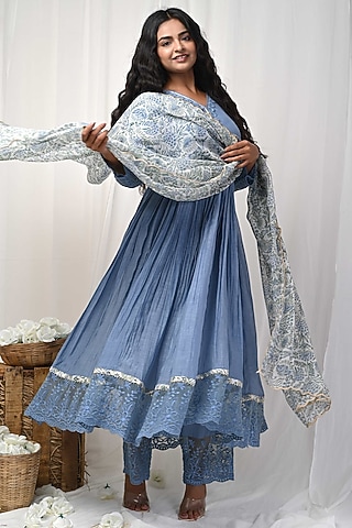 Grey Embroidered Anarkali Set by Gulabik Jaipur