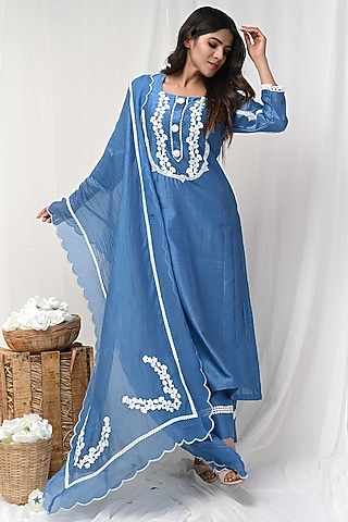 Blue Embroidered Kurta Set by Gulabik Jaipur