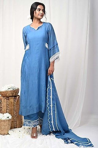 Cobalt Blue Embroidered A-Line Kurta Set by Gulabik Jaipur