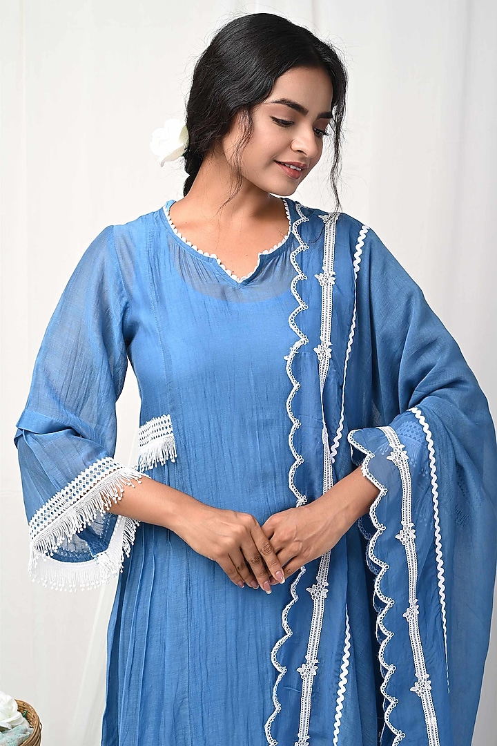 Cobalt Blue Embroidered A-Line Kurta Set by Gulabik Jaipur at Pernia's Pop Up Shop