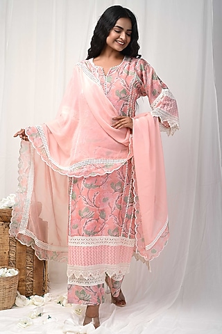Peach Silk Embroidered Kurta Set by Gulabik Jaipur