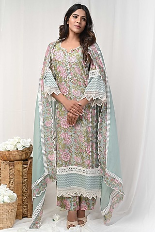Green Printed Kurta Set by Gulabik Jaipur