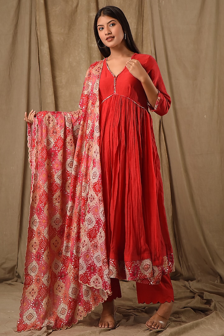 Red Chanderi Silk Anarkali Set by Gulabik Jaipur at Pernia's Pop Up Shop