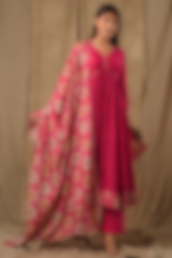 Hot Pink Chanderi Silk Anarkali Set by Gulabik Jaipur at Pernia's Pop Up Shop