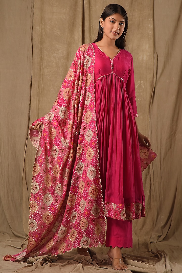 Hot Pink Chanderi Silk Anarkali Set by Gulabik Jaipur at Pernia's Pop Up Shop