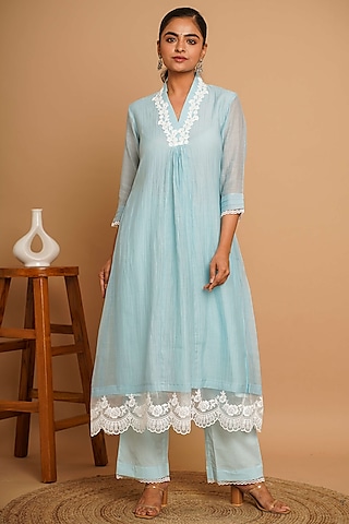 Powder Blue Chanderi Silk Lace Embroidered Kurta Set by Gulabik Jaipur