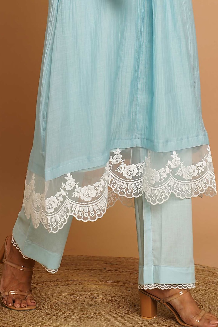 Powder Blue Chanderi Silk Lace Embroidered Kurta Set by Gulabik Jaipur at Pernia's Pop Up Shop
