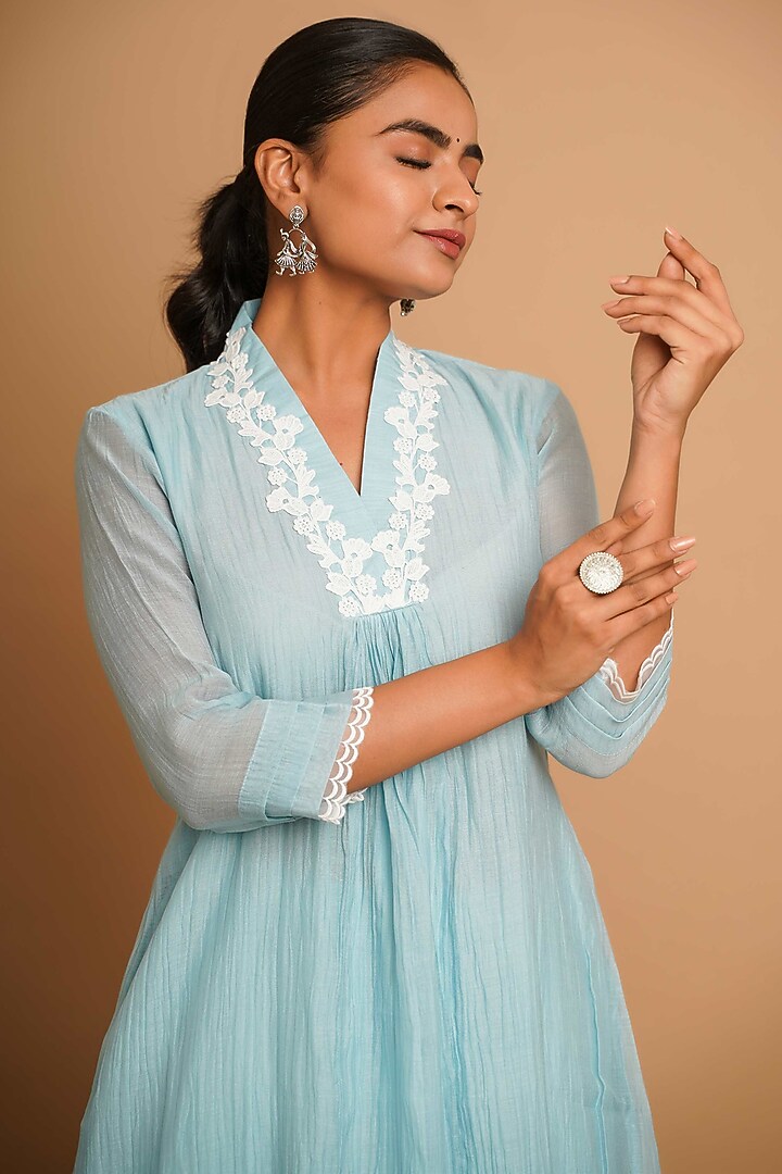 Powder Blue Chanderi Silk Lace Embroidered Kurta Set by Gulabik Jaipur at Pernia's Pop Up Shop