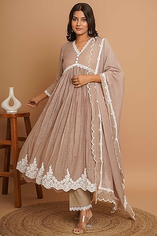 Beige Chanderi Silk Lace Embroidered Anarkali Set by Gulabik Jaipur
