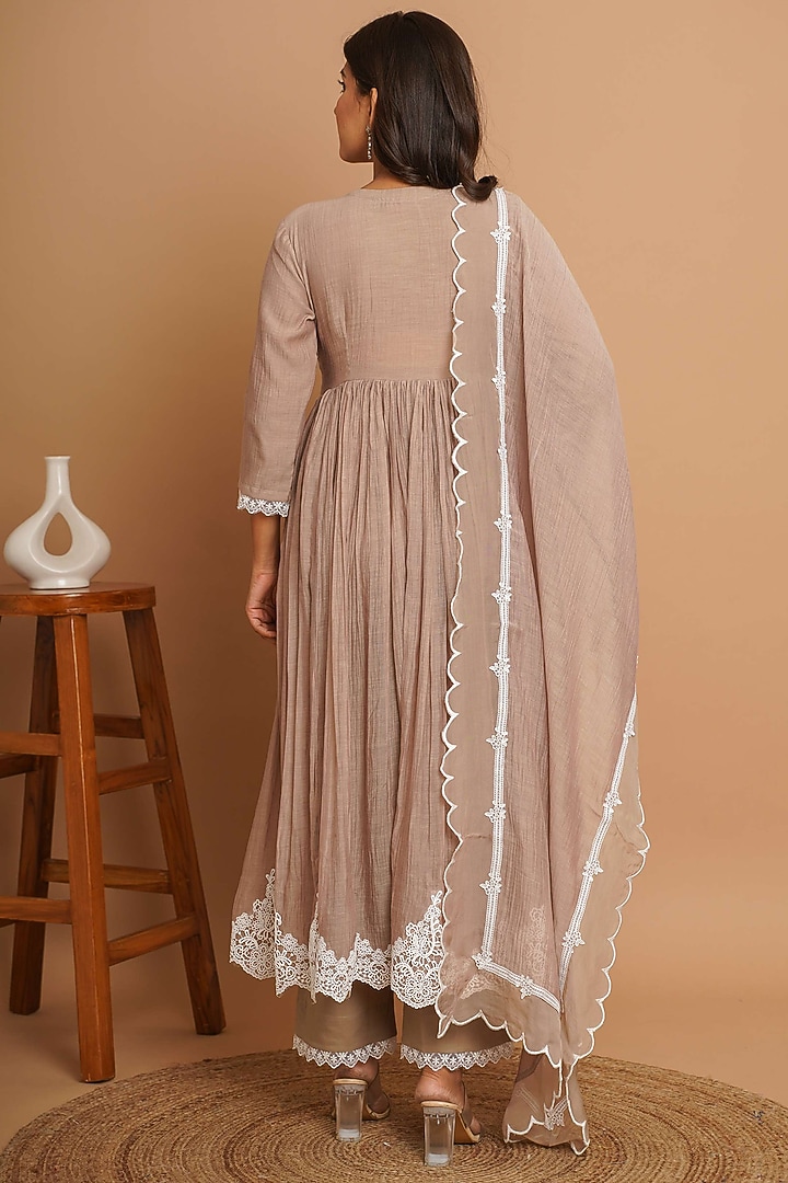 Beige Chanderi Silk Lace Embroidered Anarkali Set by Gulabik Jaipur at Pernia's Pop Up Shop