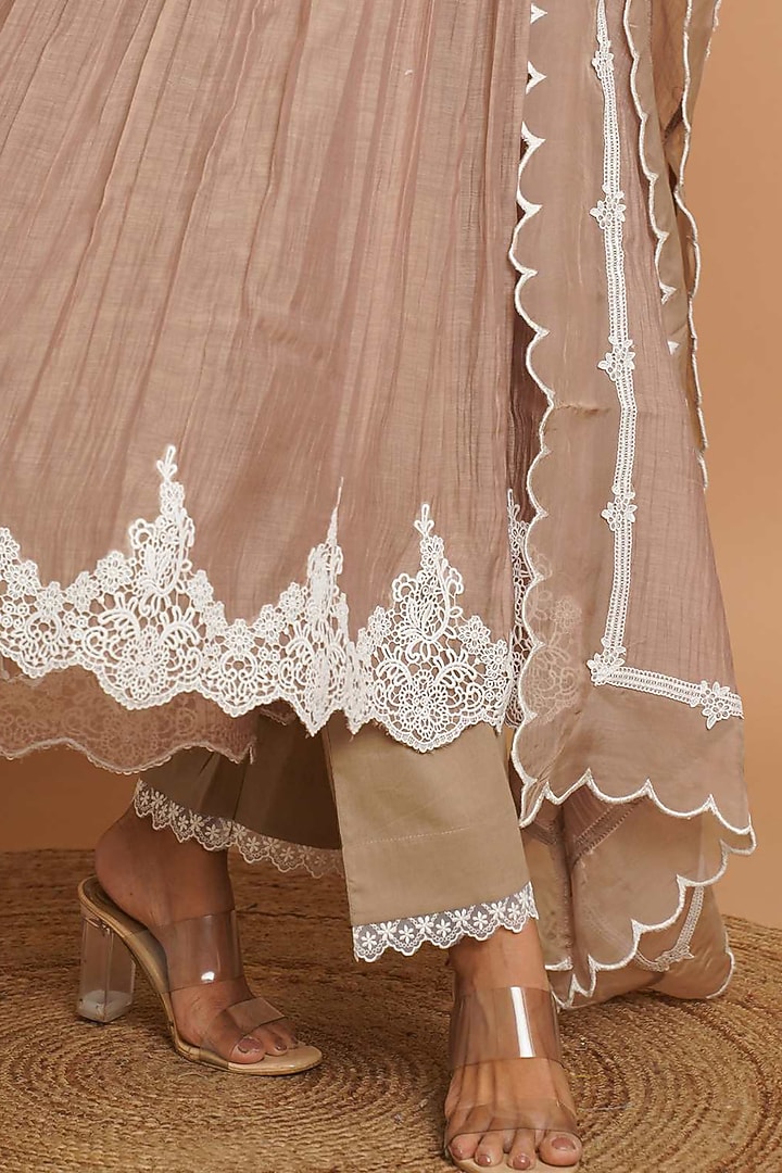 Beige Chanderi Silk Lace Embroidered Anarkali Set by Gulabik Jaipur at Pernia's Pop Up Shop