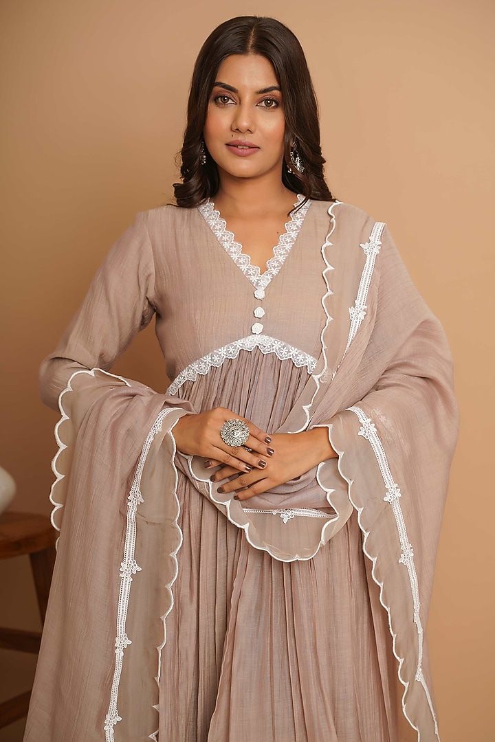 Beige Chanderi Silk Lace Embroidered Anarkali Set by Gulabik Jaipur at Pernia's Pop Up Shop