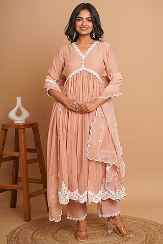 Dusty Peach Chanderi Silk Lace Embroidered Anarkali Set by Gulabik Jaipur