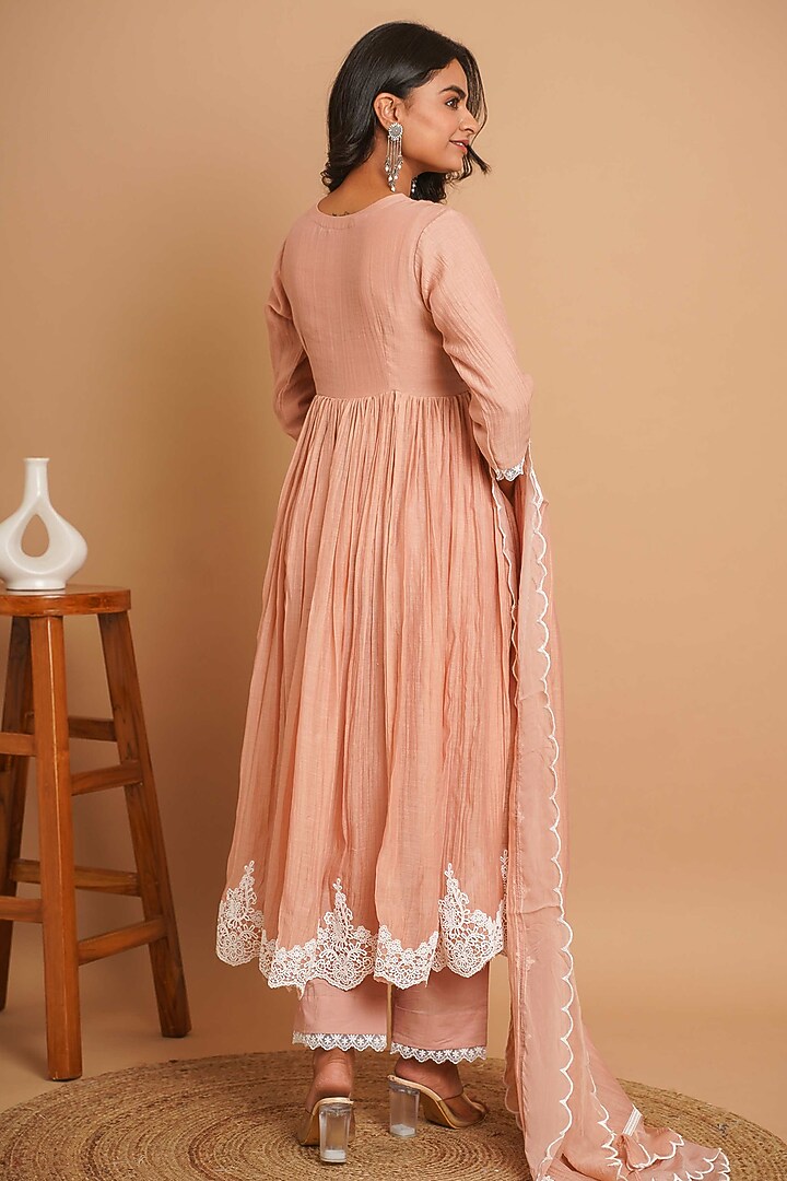 Dusty Peach Chanderi Silk Lace Embroidered Anarkali Set by Gulabik Jaipur at Pernia's Pop Up Shop