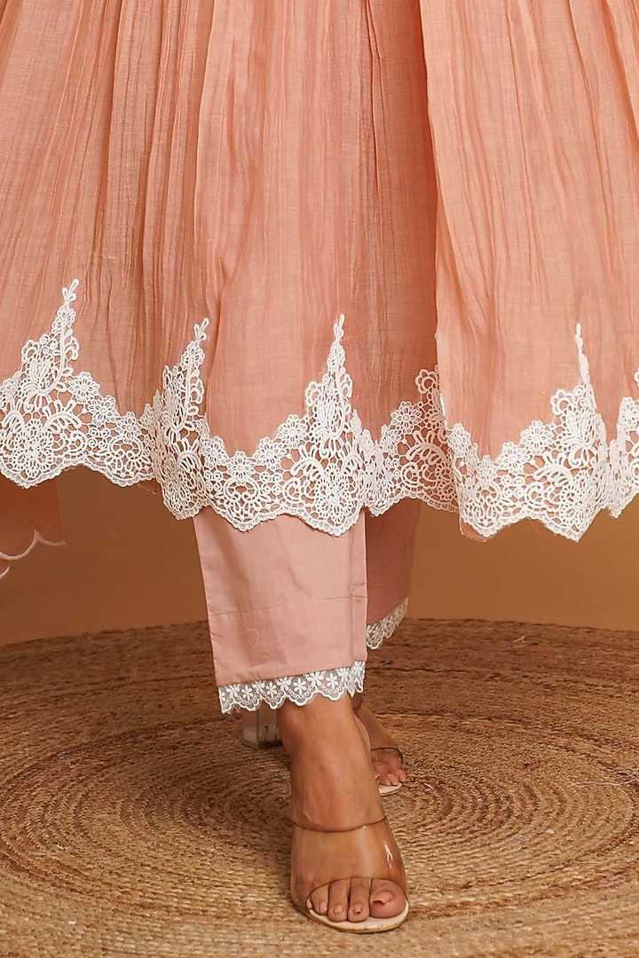 Dusty Peach Chanderi Silk Lace Embroidered Anarkali Set by Gulabik Jaipur at Pernia's Pop Up Shop
