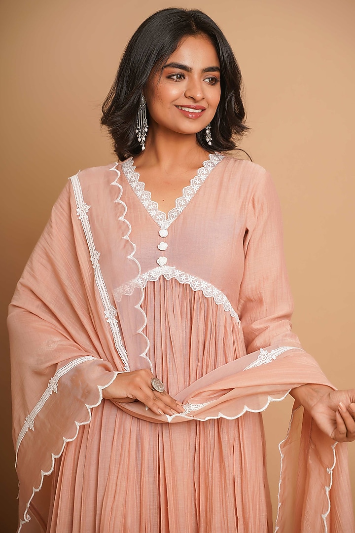 Dusty Peach Chanderi Silk Lace Embroidered Anarkali Set by Gulabik Jaipur at Pernia's Pop Up Shop