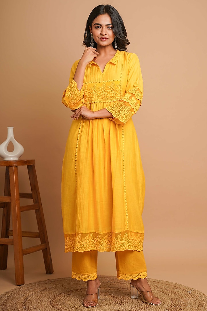 Yellow Chanderi Silk Lace Embroidered Kurta Set by Gulabik Jaipur at Pernia's Pop Up Shop