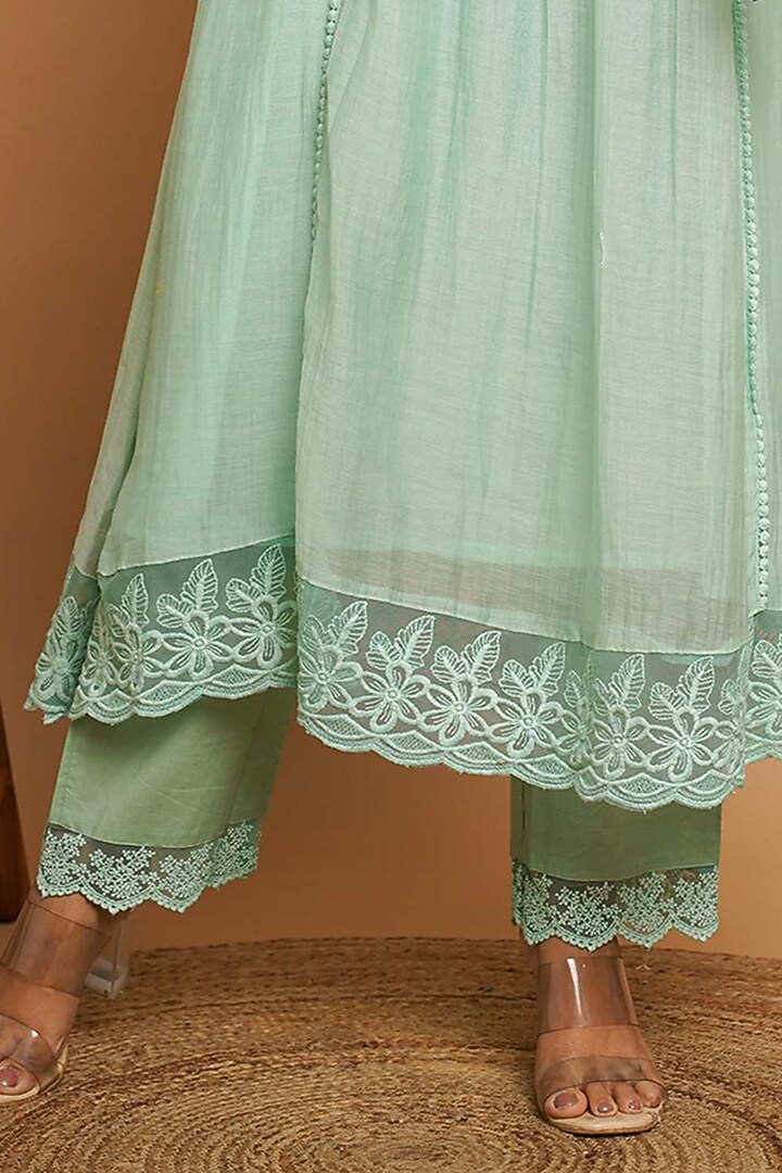 Dusty Green Chanderi Silk Lace Embroidered Kurta Set by Gulabik Jaipur at Pernia's Pop Up Shop