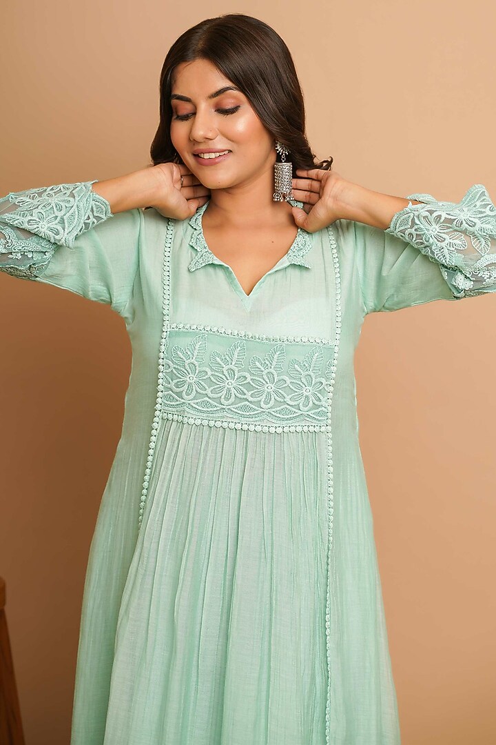 Dusty Green Chanderi Silk Lace Embroidered Kurta Set by Gulabik Jaipur at Pernia's Pop Up Shop
