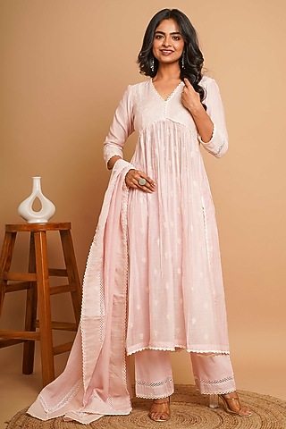 Powder Pink Chanderi Silk Embroidered Kurta Set by Gulabik Jaipur