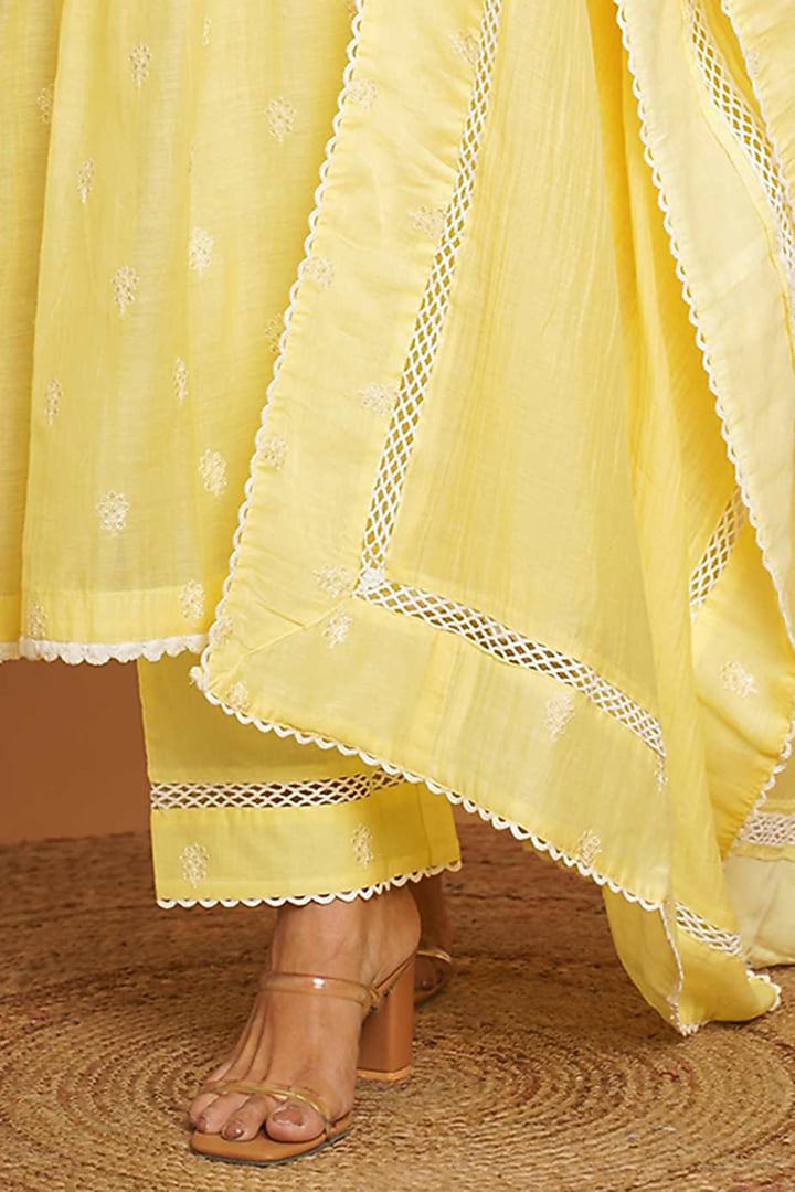 Yellow Chanderi Silk Embroidered Kurta Set by Gulabik Jaipur at Pernia's Pop Up Shop