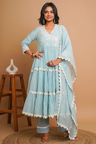 Powder Blue Chanderi Silk Lace & Mirror Embroidered Anarkali Set by Gulabik Jaipur