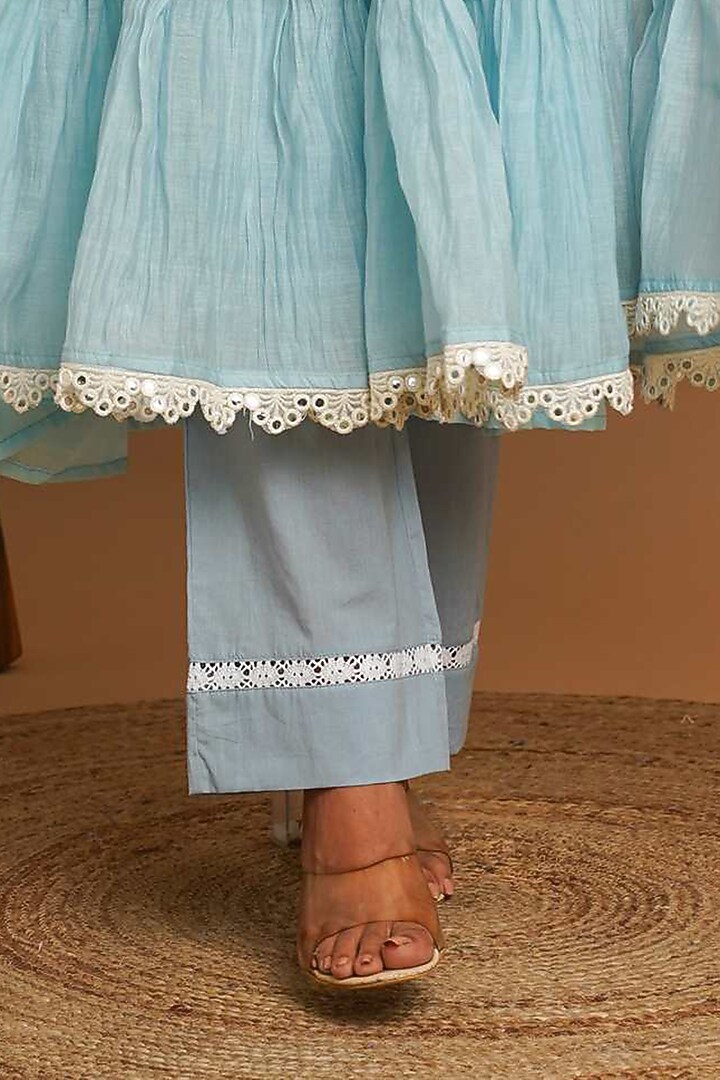 Powder Blue Chanderi Silk Lace & Mirror Embroidered Anarkali Set by Gulabik Jaipur at Pernia's Pop Up Shop