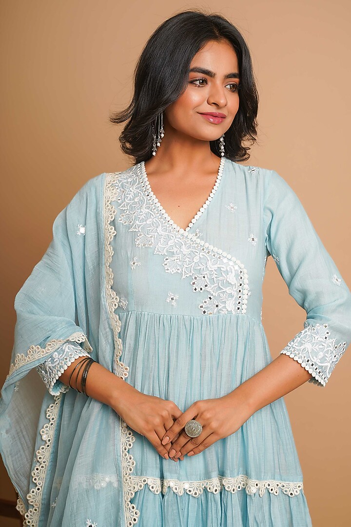 Powder Blue Chanderi Silk Lace & Mirror Embroidered Anarkali Set by Gulabik Jaipur at Pernia's Pop Up Shop