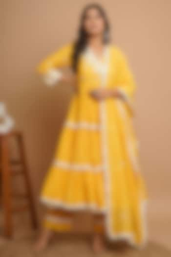 Yellow Chanderi Silk Lace & Mirror Embroidered Anarkali Set by Gulabik Jaipur at Pernia's Pop Up Shop